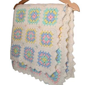 Vintage Crochet Baby Blanket Granny Squares Pastel Shabby Chic Cottagecore